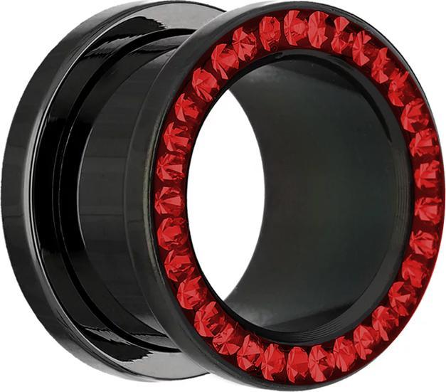 Star Piercing Flesh Tunnel schwarz mit Kristall rot und Epoxy Schutzschicht (ohne Messing, Chirurgenstahl 316L)