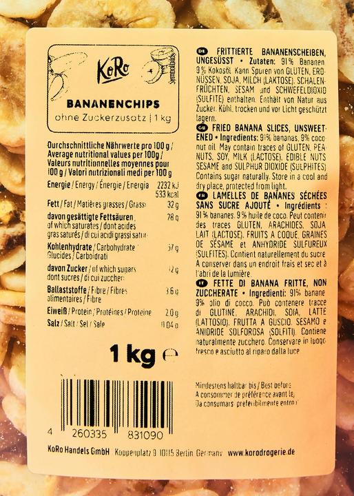 Nährwerte und Zutaten KoRo Bananenchips (1000 g)