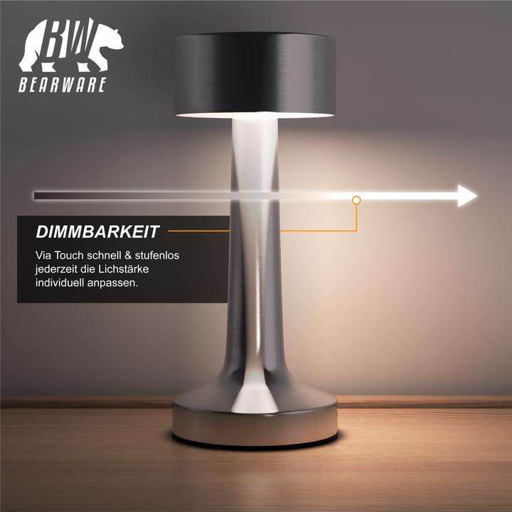 Actual product image Bearware LED Tischleuchte, dimmbar, kabellos, Akku, Touch, Nachttischlampe, Schreibtischlampe, Edelstahl