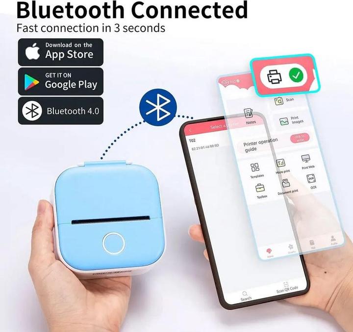 Productafbeelding Phomemo Draagbare mini imprimante Bluetooth voor telefoon T02 + 1 thermische kabel (Zwart-wit)