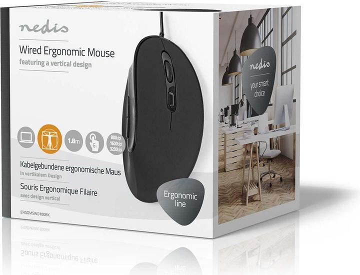 Produktbild Nedis Ergonomische Maus mit Kabel - Rechtshändig - 6 Tasten - 3200 DPI - 1,8 m Kabel - Schwarz (Kabelgebunden)