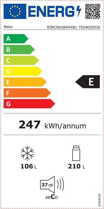 Label énergétique Beko B3RCNA364HXB1 Réfrigérateur double porte 316 Litres (316 l)