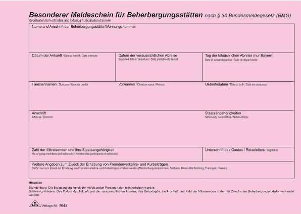 Produktbild Rnk Verlag Meldeschein fr Beherbergungsst„tten, DIN A5 (100 x)
