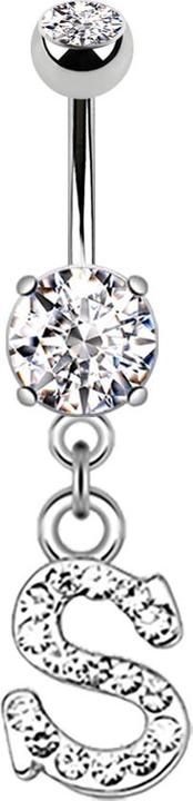 Star Piercing Banane silber mit Anhänger Kristall Buchstabe S (Messing, Chirurgenstahl 316L)