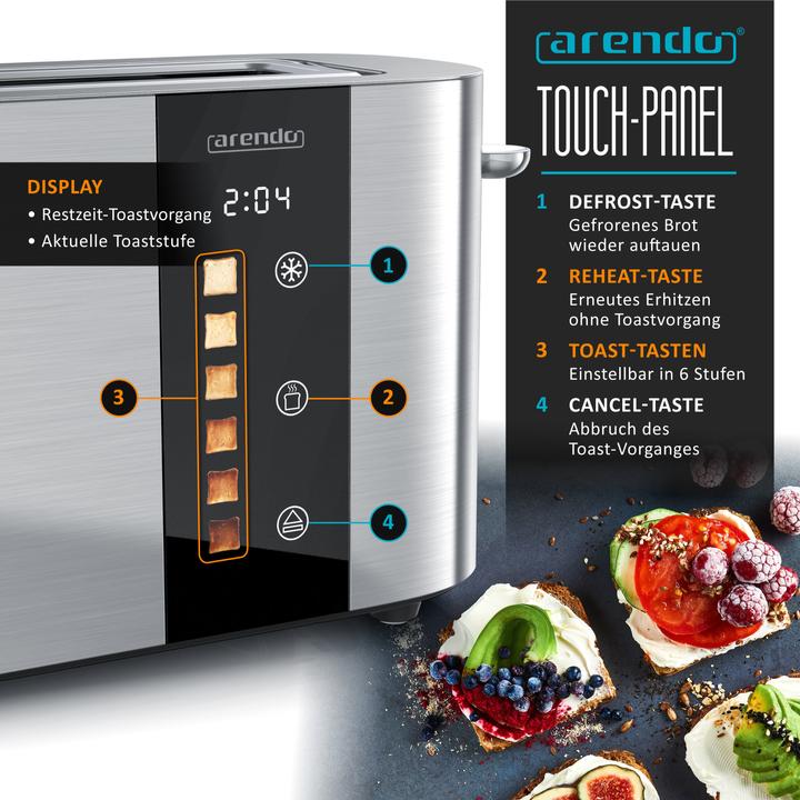 Actual product image Arendo Toaster Edelstahl 2 Scheiben Langschlitz, Touch Display, Restzeit & Bräunungsgradanzeige, 1000 W (EU plug)