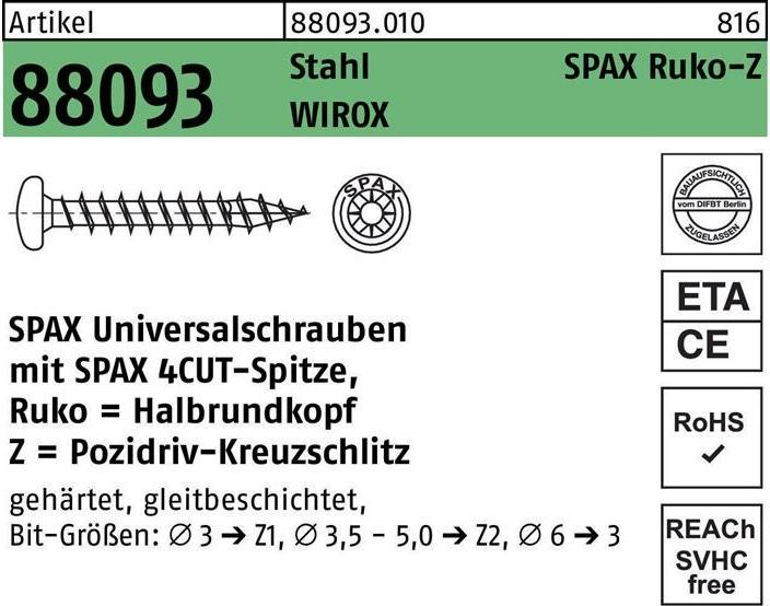 Productafbeelding Spax Schroef R 88093 Ruko w.punt/kruis uitsparing-PZ 4 x 15/12-Z Staal verzinkt WIROX (1000 Schroeven per stuk)