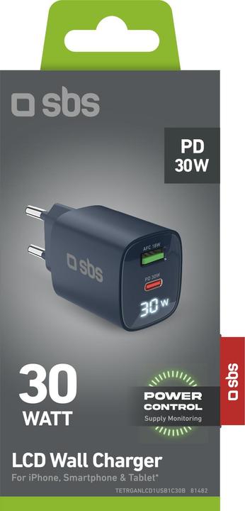 Immagine prodotto SBS Caricabatterie da parete con schermo LCD, 1 uscita USB-C PD 30W, 1 uscita USB-A 18W (30 W)