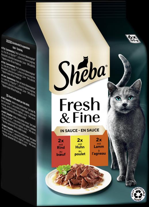 Produktbild Sheba Fresh & Fine Multipack Portionsbeutel Rind, Huhn & Lamm in Sauce (Adult, 1 Stk., 3600 g)
