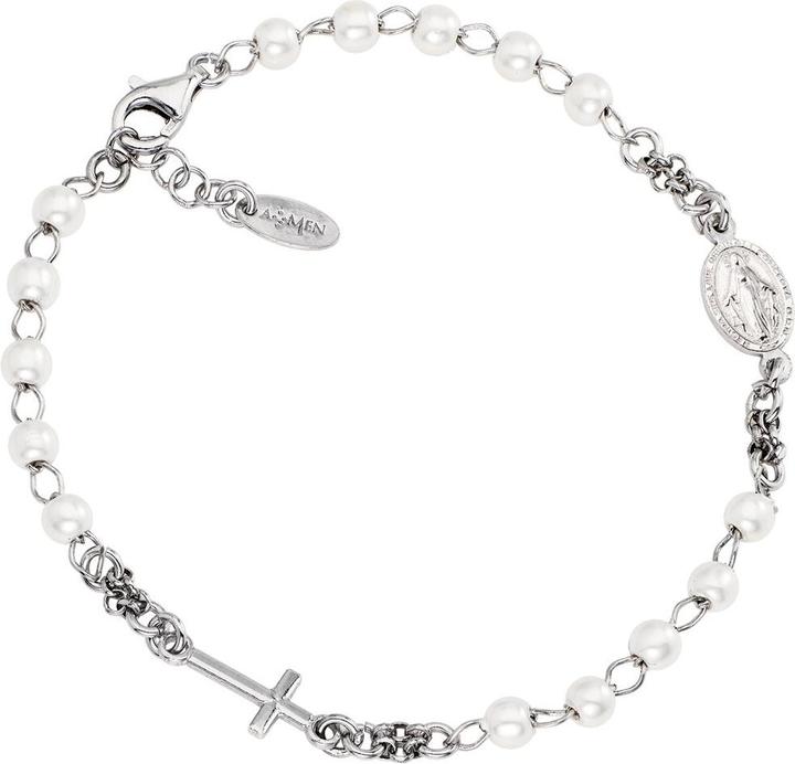 Amen Rosary Cross Pearls Armband (20 cm, Silber 925)