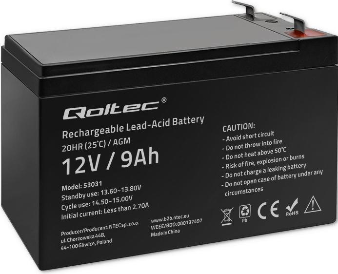 Actual product image Qoltec 53031 AGM battery| 12V| 9Ah| max 135A - Battery - 9.000 mAh (12 V, 9 Ah)
