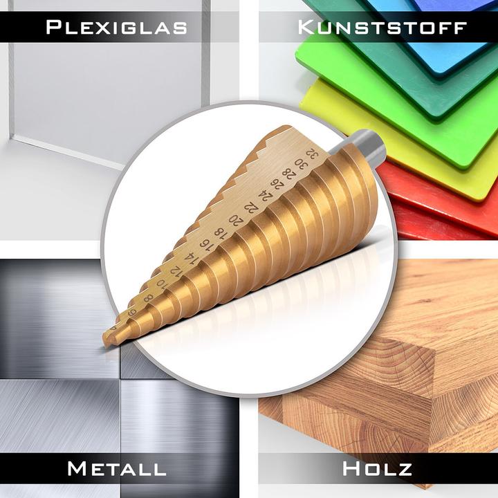 Actual product image Stahlwerk HSS step drill bit set of 3 TiN-coated drill bits with aluminium box (4-12mm, 4-20mm, Ø 4-32mm)