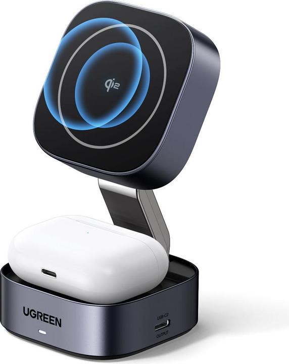 Produktbild Ugreen W702 3in1 inductive charger with MagSafe / Qi2 and USB-C port for phone / headphones - black (15 W)