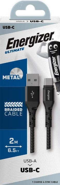 Produktbild Energizer Kabel aus Metall / geflochtenem Nylon - USB-C - 2 m, schwarz (2 m, USB 2.0)