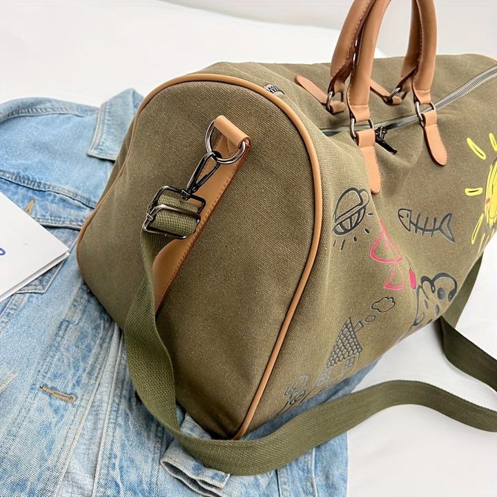 Actual product image Only-Bags.Store Vintage Canvas Travel Duffel Bag, Cartoon Graffiti Print Weekend Bag with Shoulder Strap, Portable