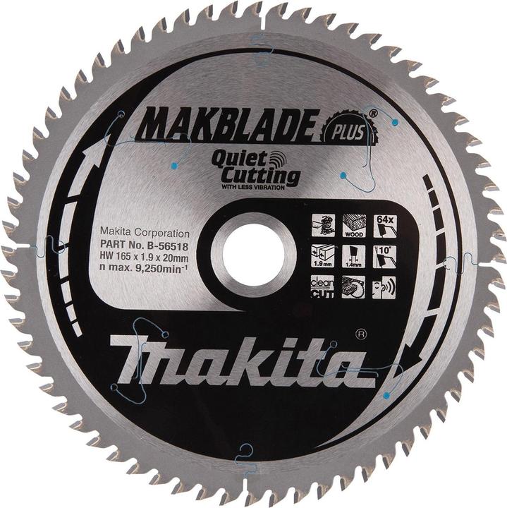 Makita B-56502 TCT zaag 165X1.9X20mm 10 ° T64 MAKBLADE PLUS