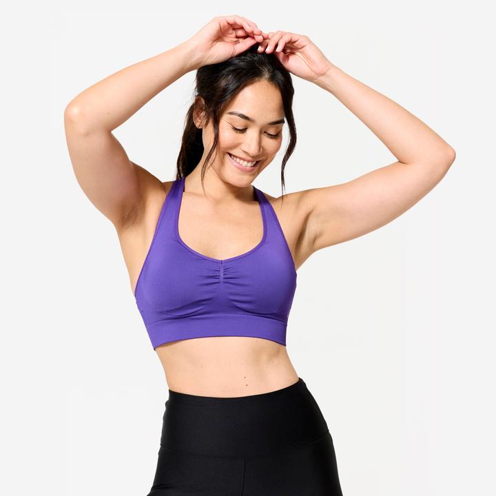 Decathlon Sport-Bustier Damen gekreuzte Träger leichter Halt - violett