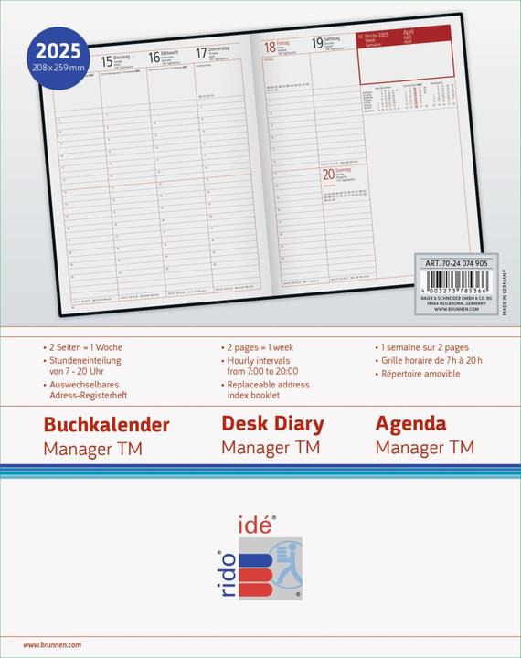 Immagine prodotto rido/idé 7024074905 Libro Calendario Modello Manager Calendario TM (2025) | 2 pagine = 1 settimana| (Inglese, Francese, Tedesco)