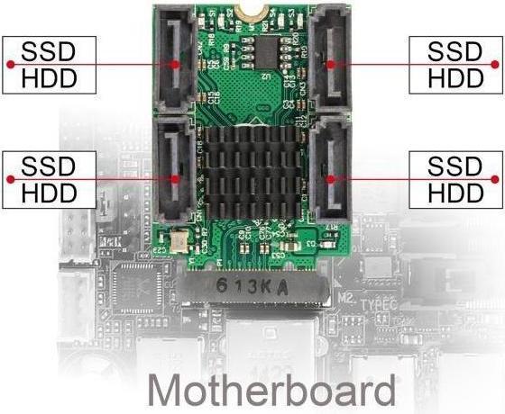 Actual product image Delock Converter M.2 Key B+M plug to 4 x SATA plug with RAID and HyperDuo