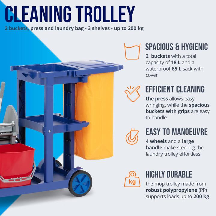 Produktbild Ulsonix Reinigungswagen Putzwagen mit Presse, 2 Eimern, 3 Ablagen, 65-l-Sack 200 kg (200 kg)