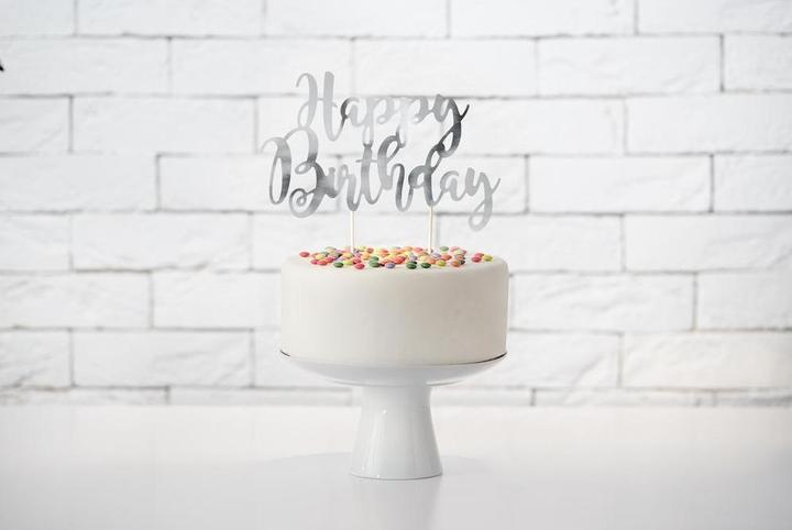 Produktbild Partydeco Silberne Dekoration für "Happy Birthday"-Torte