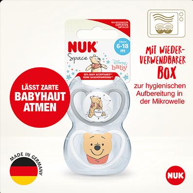 Produktbild NUK Disney Winnie Puuh Space Silikon-Schnuller, kiefergerechte Form, 6-18 Monate, 2 Stück, grau & we (2 x, 6 - 18 Monate)