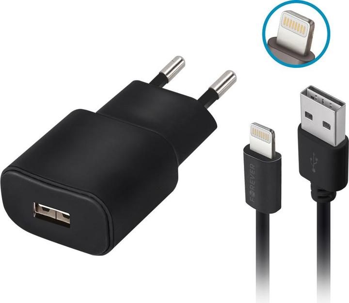 Actual product image Forever TC-01 charger 1x USB 2A black + Lightning cable