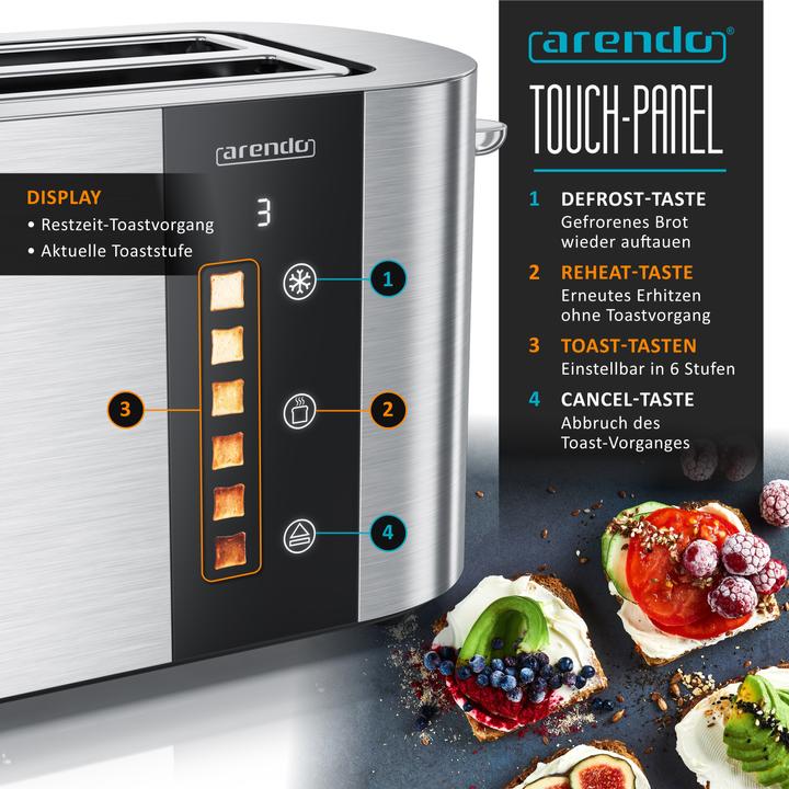 Image du produit Arendo Toaster Edelstahl 4 Scheiben Langschlitz, Touch Display, Restzeit & Bräunungsgradanzeige, 1500 W (Prise UE)