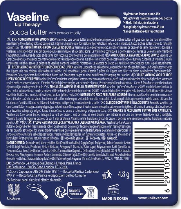 Valeurs nutritives et ingrédients Vaseline Beurre de cacao (Sticks de soin)