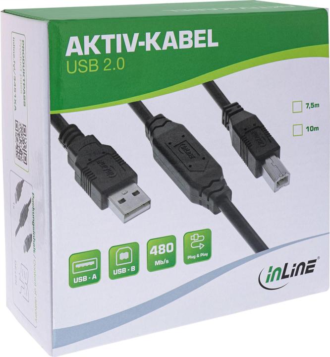Produktbild InLine USB 2.0 Aktiv-Kabel, USB-A Stecker zu USB-B Stecker, 7,5m (7.50 m, USB 2.0)