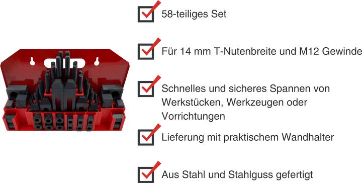 Produktbild Paulimot Spannpratzen-Set 58-teilig M12 / 14 mm im Wandhalter (70 mm)