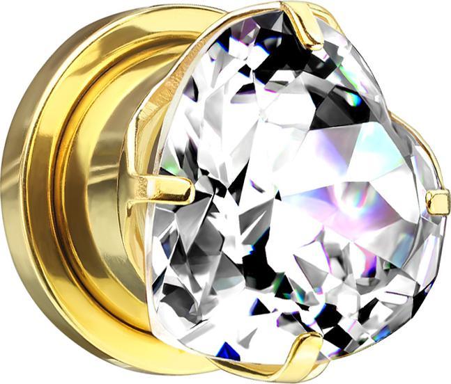 Star Piercing Flesh Plug vergoldet mit Herz Kristall silber (ohne Messing, Chirurgenstahl 316L)
