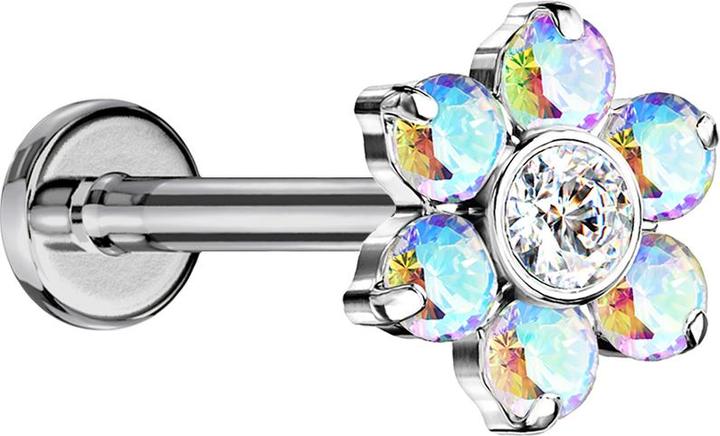 Star Piercing Micro Threadless Labret silber Blume Kristalle multicolor (Titan G23, ohne Messing)