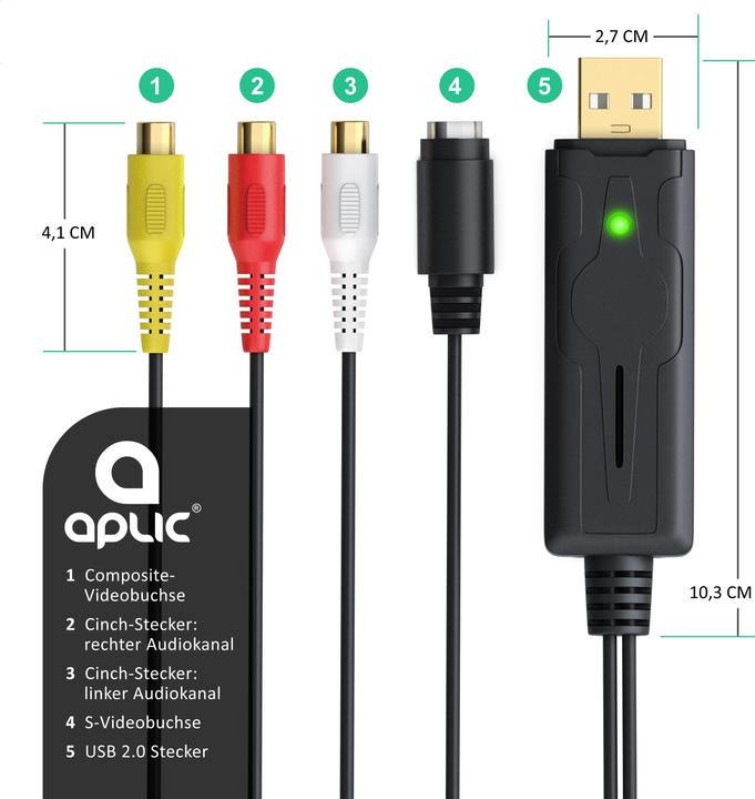 Produktbild Aplic USB Audio Video Grabber, Video Audio Wandler, Videoadapter zur Nachbearbeitung, VHS, für Windows 11 (USB 2.0, analoges Fernsehsignal)
