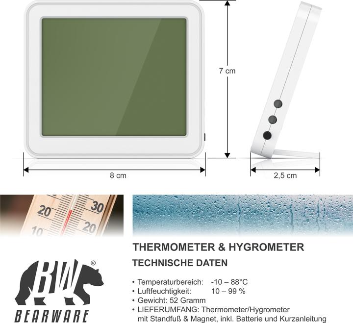 Image du produit Bearware Thermometer & Hygrometer, Temperatur, Luftfeuchtigkeit & Uhrzeit, Innenwetterstation, Magnethalter