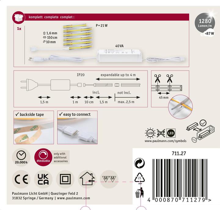 Actual product image Paulmann MaxLED 1000 Full-Line COB Stripe Set (Daylight, 150 cm, Indoor)