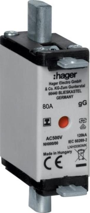 Produktbild Hager NH-Sicherungseinsatz NH000 gG, 500 V, isolierte Grifflasche, 80 A (80 A)