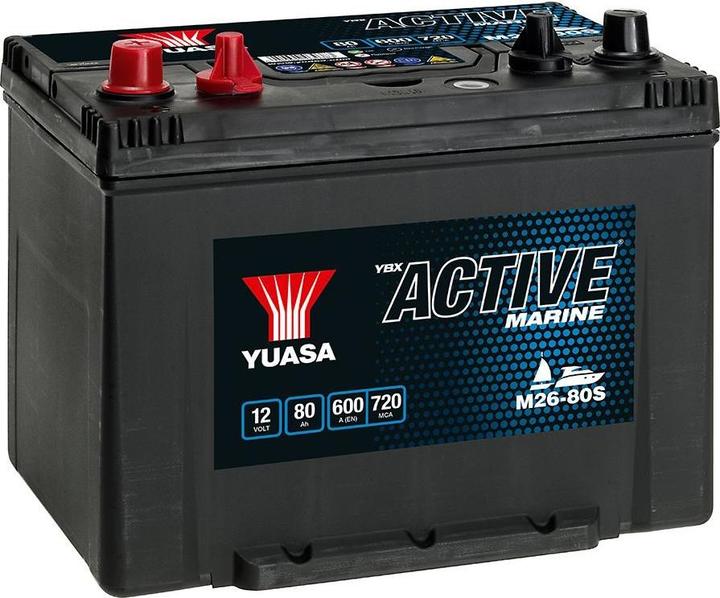 Actual product image Michelin Yuasa M26-80S, 80 Ah, 12 V, 600 A, marine, maintenance-free, placed on the left (12 V, 80000 mAh)