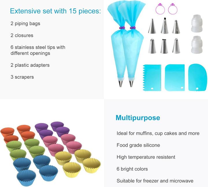 Actual product image Intirilife Cupcake Back-Set: Muffinformen & Spritzbeutel mit Tüllen (Piping bag set)