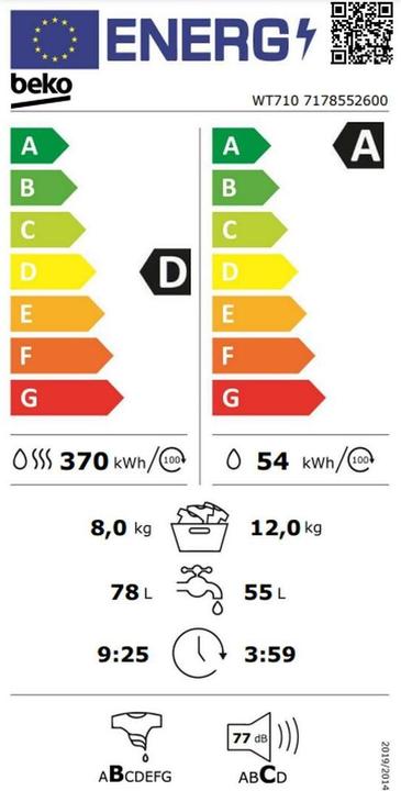 Etichetta energetica Beko Waschtrockner WT710, W12kg/T8kg, SteamCure, 1'400U/min