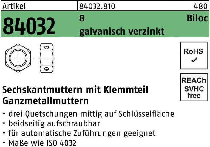 Produktbild Sechskantmutter R 84032 Biloc m.Klemmteil M 5 8 galvanisch verzinkt (M5)
