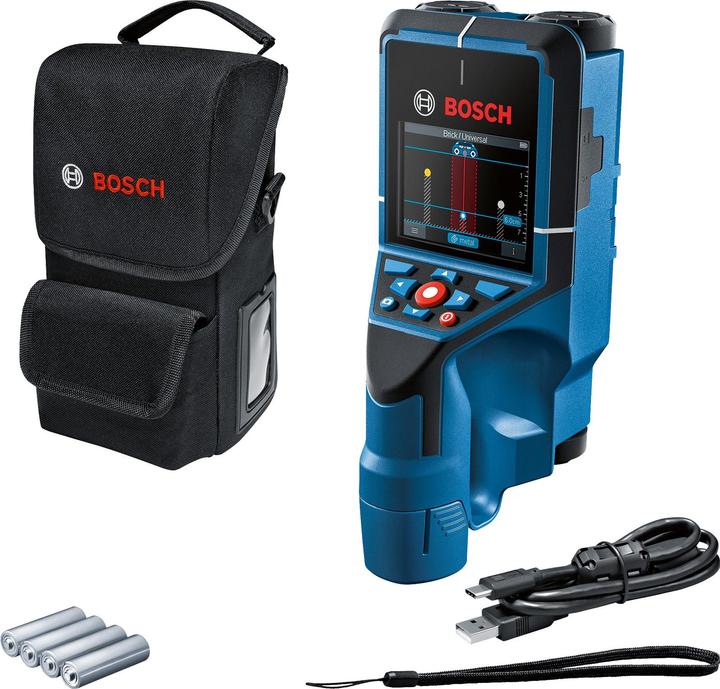 D-Tect 200 C locator, 4 x 1.5 V LR6 batteries (AA), battery adapter, wrist strap, bag, USB-C™ cable