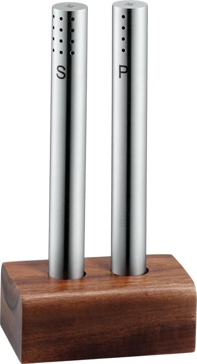Produktbild WMF Salzstreuer und Pfefferstreuer Set 3-teilig Cromargan Edelstahl mattiert mit Holz-Ständer (Pfeffer, Salz)
