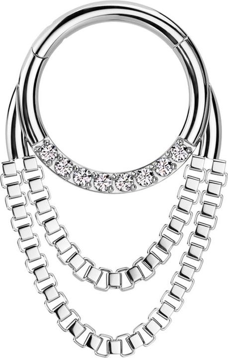 Star Piercing Micro Segmentring klappbar silber front Kristalle silber Anhänger zwei Ketten (ohne Messing, Chirurgenstahl 316L)