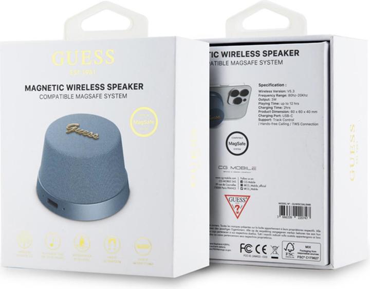 Actual product image Guess głośnik Bluetooth GUWSC3ALSMB Speaker Stand niebieski/blue Magnetic Script Metal (12 h, USB power delivery)