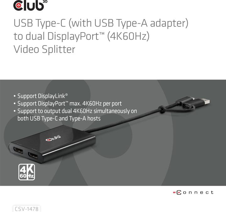 Actual product image Club 3D Club3D Adapter USB-C > 2x DP 4K@60Hz with USB-A Adapter St/Bu retail (USB-A, 27.50 cm)