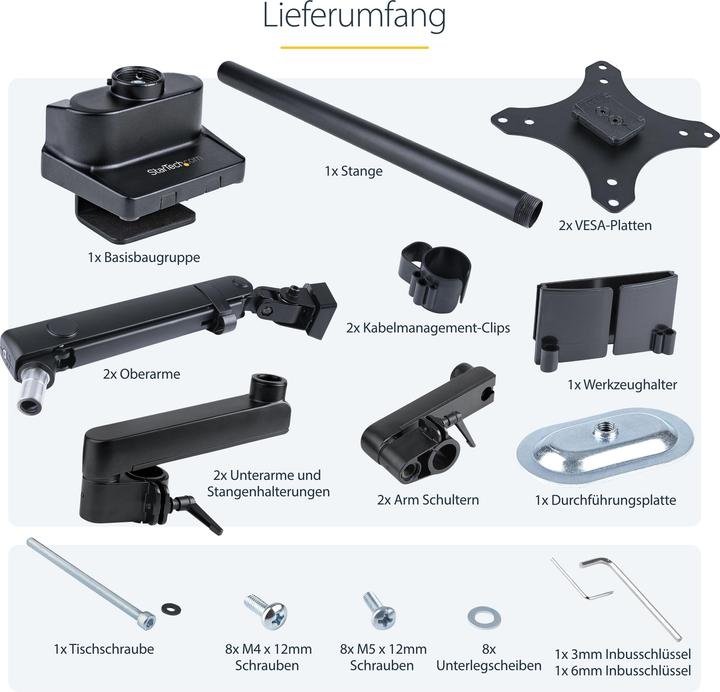 Productafbeelding StarTech com ARMDUALPIVOT, klem, 16 kg, 81,3 cm (32 inch), 100 x 100 mm, hoogteverstelling, Zwart (Tabel, 32")