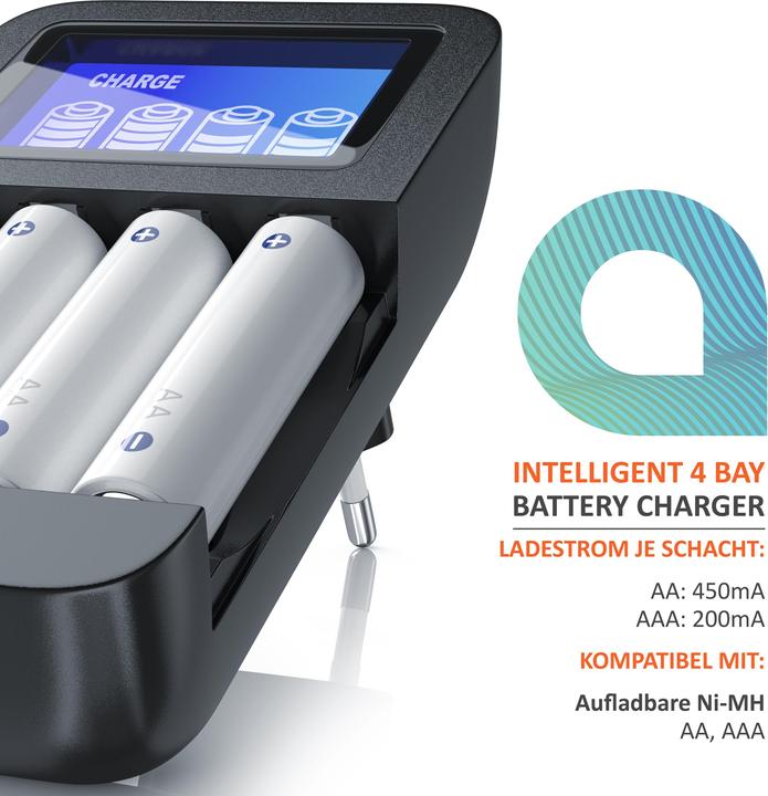Produktbild Aplic Batterie Ladegerät 2700 mA, Universal 4-Schacht Batterielader geeignet für Typ AA / AAA NiMH Akkus (1 Stk., AA, AAA, 1000 mAh, Ladegerät ohne Akku)