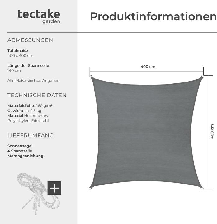 Image du produit tectake Voile d'ombrage carrée, variante 2 (400 x 400 cm)