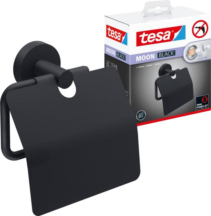tesa MOON BLACK toilet roll holder with lid incl. adhesive solution without drilling