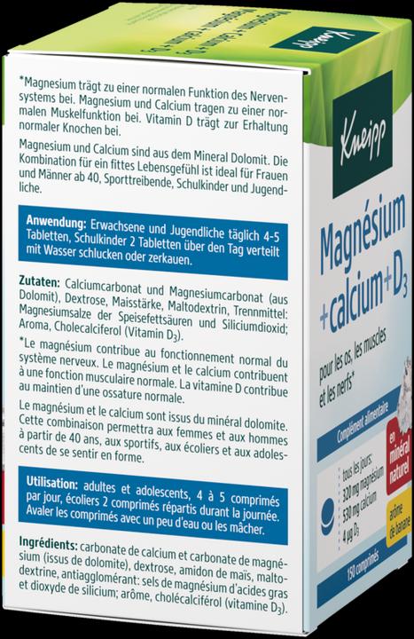 Valori nutrizionali e ingredienti Kneipp Magnesio naturale + calcio e vitamina D3 (150 Pezzo/i, Pillole)